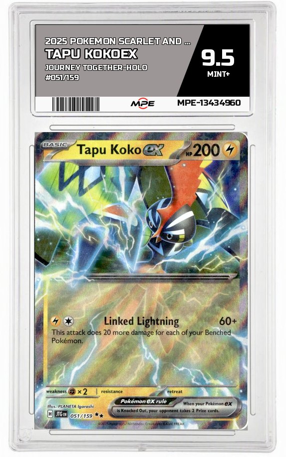 2025 POKEMON SCARLET AND VIOLET JOURNEY TOGETHER-HOLO #051/159 Tapu KokoEX MPE 9.5 MINT+ — graded card auctioned from the MPE vault
