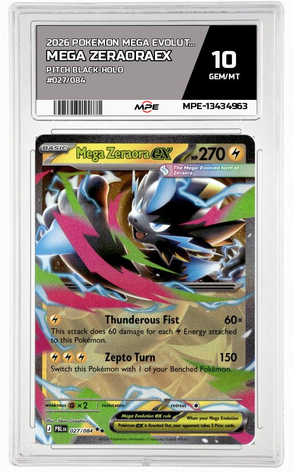 2026 POKEMON MEGA EVOLUTION PITCH BLACK-HOLO #027/084 Mega ZeraoraEX MPE 10 GEM/MT — graded card auctioned from the MPE vault
