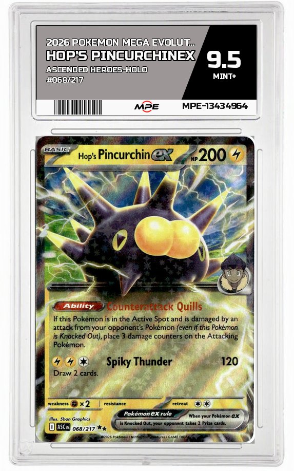 2026 POKEMON MEGA EVOLUTION ASCENDED HEROES-HOLO #068/217 Hop's PincurchinEX MPE 9.5 MINT+ — graded card auctioned from the MPE vault