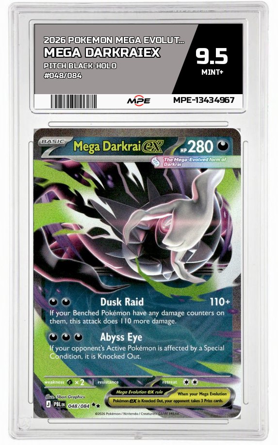 2026 POKEMON MEGA EVOLUTION PITCH BLACK-HOLO #048/084 Mega DarkraiEX MPE 9.5 MINT+ — graded card auctioned from the MPE vault