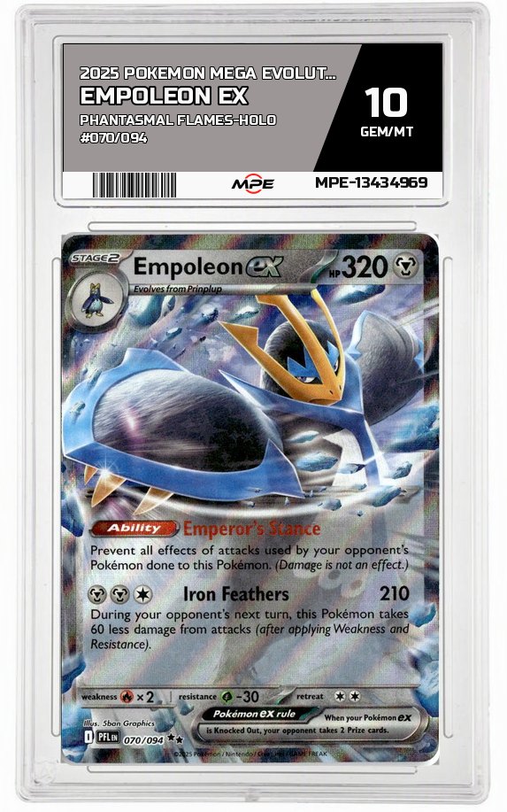 2025 POKEMON MEGA EVOLUTION PHANTASMAL FLAMES-HOLO #070/094 EMPOLEON EX MPE 10 GEM/MT — graded card auctioned from the MPE vault
