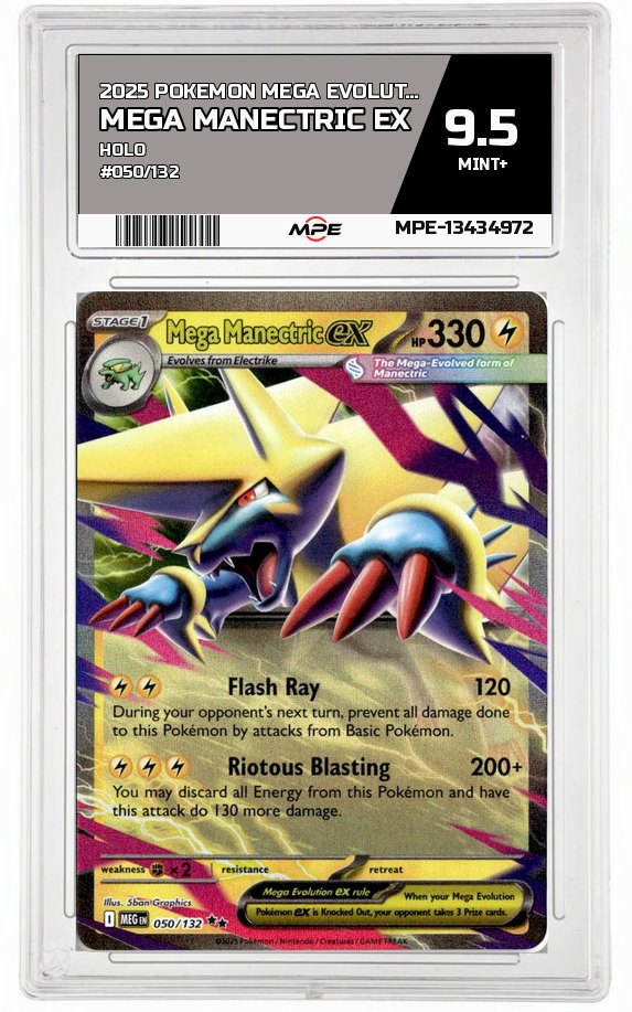 2025 POKEMON MEGA EVOLUTION HOLO #050/132 MEGA MANECTRIC EX MPE 9.5 MINT+ — graded card auctioned from the MPE vault