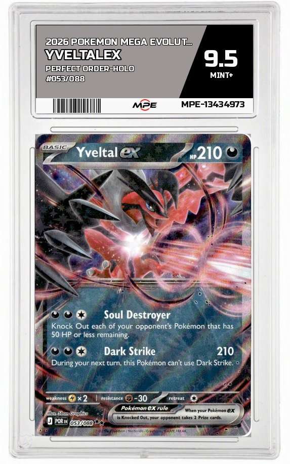 2026 POKEMON MEGA EVOLUTION PERFECT ORDER-HOLO #053/088 YveltalEX MPE 9.5 MINT+ — graded card auctioned from the MPE vault