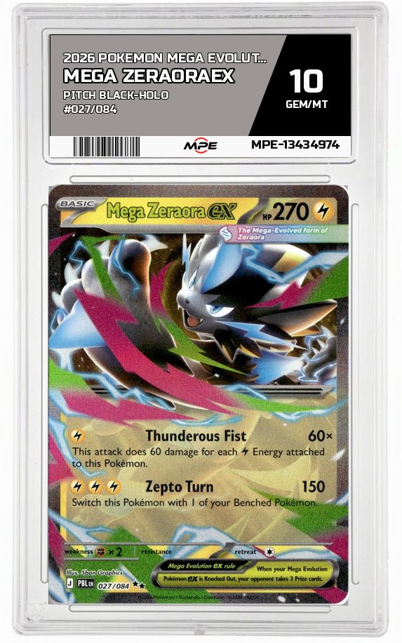 2026 POKEMON MEGA EVOLUTION PITCH BLACK-HOLO #027/084 Mega ZeraoraEX MPE 10 GEM/MT — graded card auctioned from the MPE vault