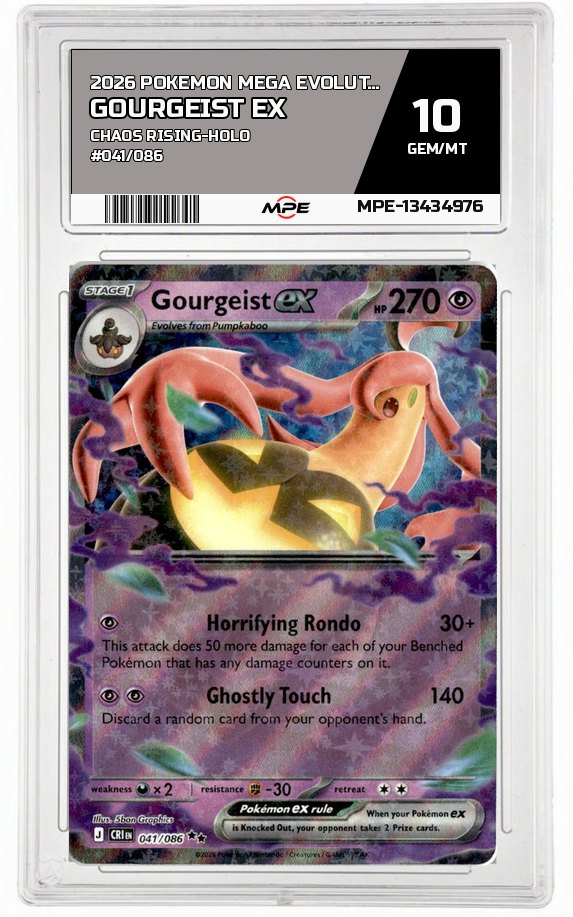 2026 POKEMON MEGA EVOLUTION CHAOS RISING-HOLO #041/086 GOURGEIST EX MPE 10 GEM/MT — graded card auctioned from the MPE vault