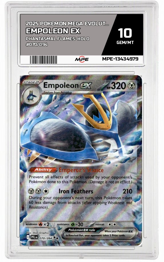 2025 POKEMON MEGA EVOLUTION PHANTASMAL FLAMES-HOLO #070/094 EMPOLEON EX MPE 10 GEM/MT — graded card auctioned from the MPE vault