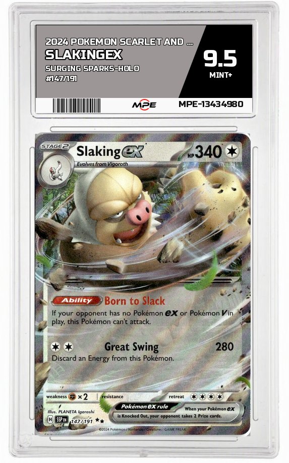 2024 POKEMON SCARLET AND VIOLET SURGING SPARKS-HOLO #147/191 SlakingEX MPE 9.5 MINT+ — graded card auctioned from the MPE vault