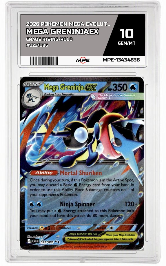 2026 POKEMON MEGA EVOLUTION CHAOS RISING-HOLO #022/086 Mega GreninjaEX MPE 10 GEM/MT — graded card auctioned from the MPE vault