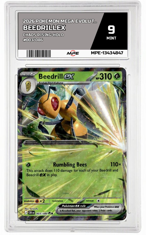 2026 POKEMON MEGA EVOLUTION CHAOS RISING-HOLO #003/086 BeedrillEX MPE 9 MINT — graded card auctioned from the MPE vault