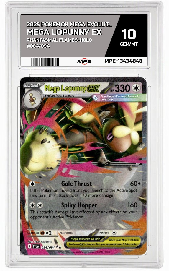2025 POKEMON MEGA EVOLUTION PHANTASMAL FLAMES-HOLO #084/094 MEGA LOPUNNY EX MPE 10 GEM/MT — graded card auctioned from the MPE vault