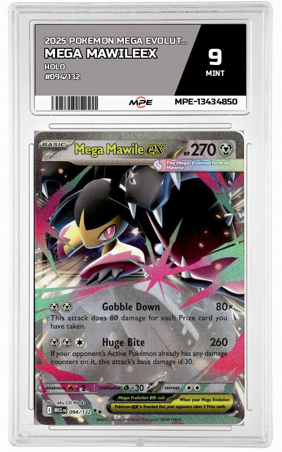 2025 POKEMON MEGA EVOLUTION HOLO #094/132 Mega MawileEX MPE 9 MINT — graded card auctioned from the MPE vault