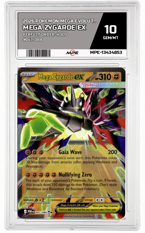 2026 POKEMON MEGA EVOLUTION PERFECT ORDER-HOLO #047/088 MEGA ZYGARDE EX MPE 10 GEM/MT — graded card auctioned from the MPE vault