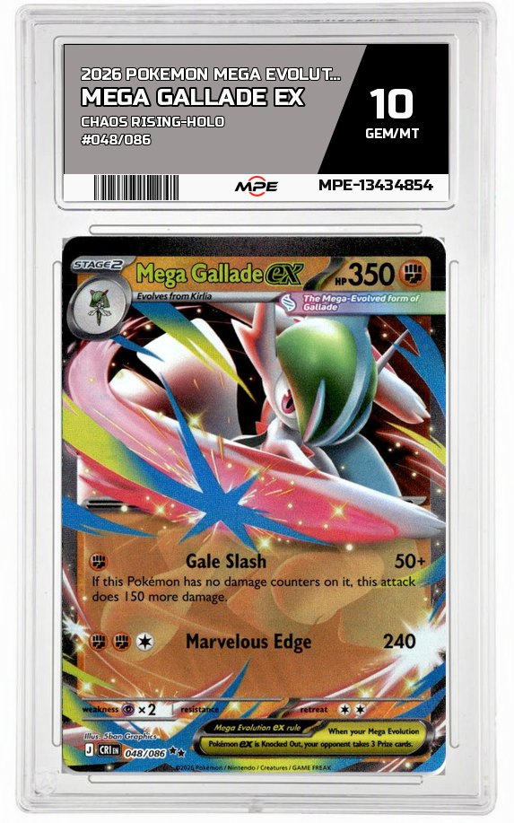 2026 POKEMON MEGA EVOLUTION CHAOS RISING-HOLO #048/086 MEGA GALLADE EX MPE 10 GEM/MT — graded card auctioned from the MPE vault