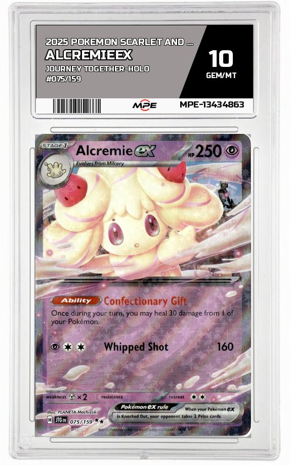 2025 POKEMON SCARLET AND VIOLET JOURNEY TOGETHER-HOLO #075/159 AlcremieEX MPE 10 GEM/MT — graded card auctioned from the MPE vault
