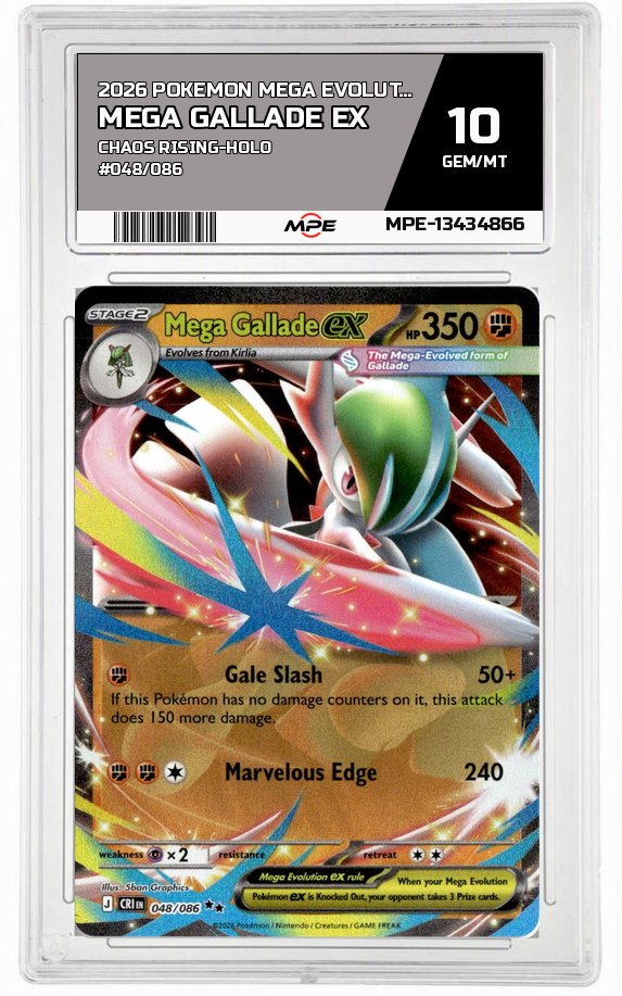 2026 POKEMON MEGA EVOLUTION CHAOS RISING-HOLO #048/086 MEGA GALLADE EX MPE 10 GEM/MT — graded card auctioned from the MPE vault