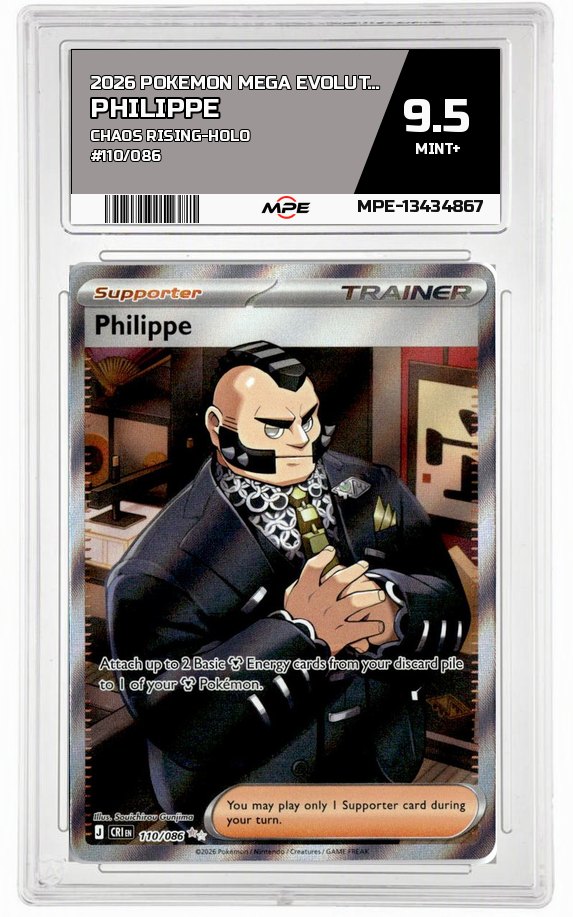 2026 POKEMON MEGA EVOLUTION CHAOS RISING-HOLO #110/086 Philippe MPE 9.5 MINT+ — graded card auctioned from the MPE vault