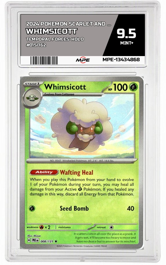 2024 POKEMON SCARLET AND VIOLET TEMPORAL FORCES-HOLO #015/162 WHIMSICOTT MPE 9.5 MINT+ — graded card auctioned from the MPE vault