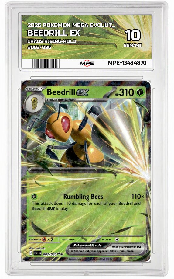 2026 POKEMON MEGA EVOLUTION CHAOS RISING-HOLO #003/086 BEEDRILL EX MPE 10 GEM/MT — graded card auctioned from the MPE vault