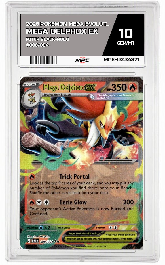 2026 POKEMON MEGA EVOLUTION PITCH BLACK-HOLO #008/084 MEGA DELPHOX EX MPE 10 GEM/MT — graded card auctioned from the MPE vault