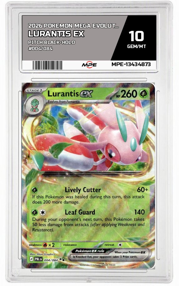 2026 POKEMON MEGA EVOLUTION PITCH BLACK-HOLO #004/084 LURANTIS EX MPE 10 GEM/MT — graded card auctioned from the MPE vault