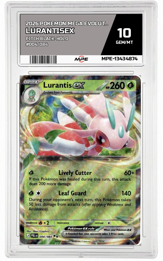 2026 POKEMON MEGA EVOLUTION PITCH BLACK-HOLO #004/084 LurantisEX MPE 10 GEM/MT — graded card auctioned from the MPE vault
