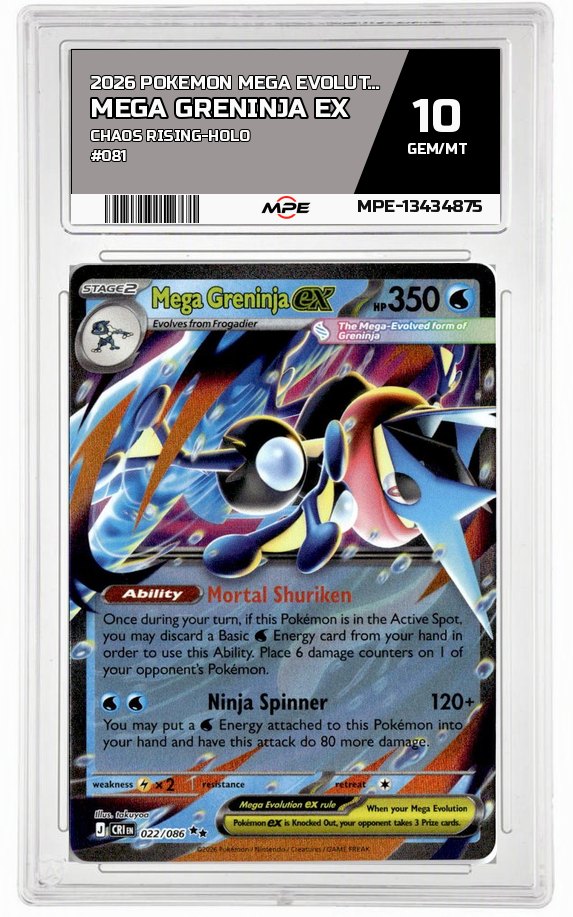 2026 POKEMON MEGA EVOLUTION CHAOS RISING-HOLO #081 MEGA GRENINJA EX MPE 10 GEM/MT — graded card auctioned from the MPE vault