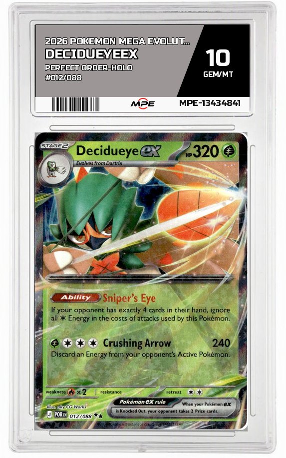 2026 POKEMON MEGA EVOLUTION PERFECT ORDER-HOLO #012/088 DecidueyeEX MPE 10 GEM/MT — graded card auctioned from the MPE vault