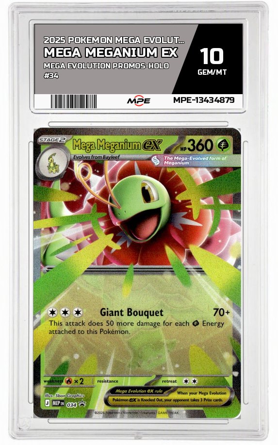 2025 POKEMON MEGA EVOLUTION MEGA EVOLUTION PROMOS-HOLO #34 MEGA MEGANIUM EX MPE 10 GEM/MT — graded card auctioned from the MPE vault