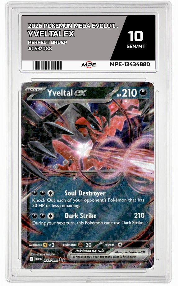 2026 POKEMON MEGA EVOLUTION PERFECT ORDER #053/088 YveltalEX MPE 10 GEM/MT — graded card auctioned from the MPE vault