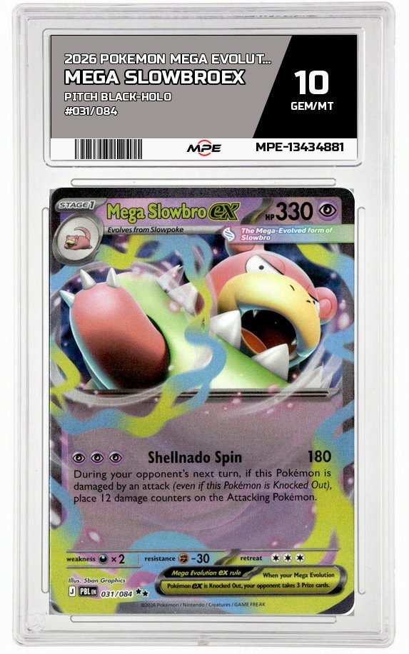 2026 POKEMON MEGA EVOLUTION PITCH BLACK-HOLO #031/084 Mega SlowbroEX MPE 10 GEM/MT — graded card auctioned from the MPE vault