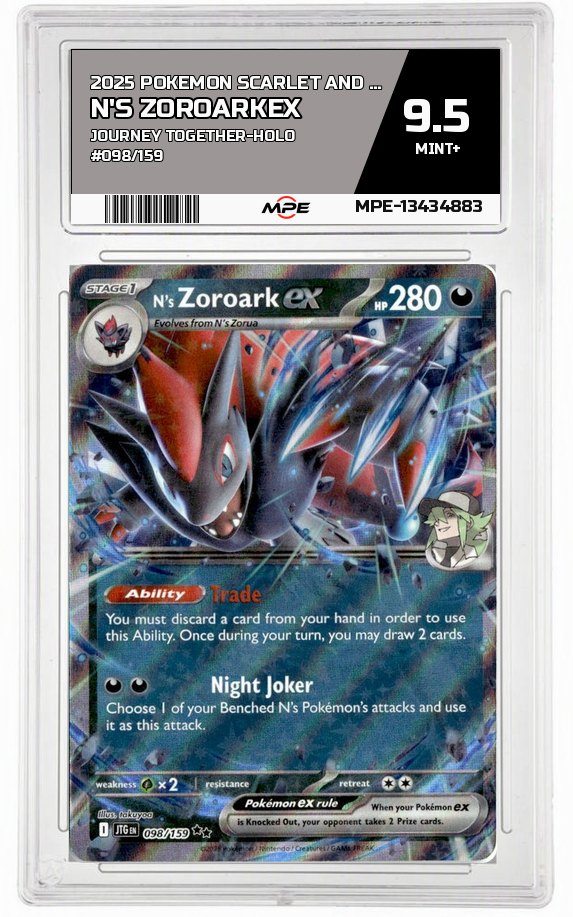 2025 POKEMON SCARLET AND VIOLET JOURNEY TOGETHER-HOLO #098/159 N's ZoroarkEX MPE 9.5 MINT+ — graded card auctioned from the MPE vault