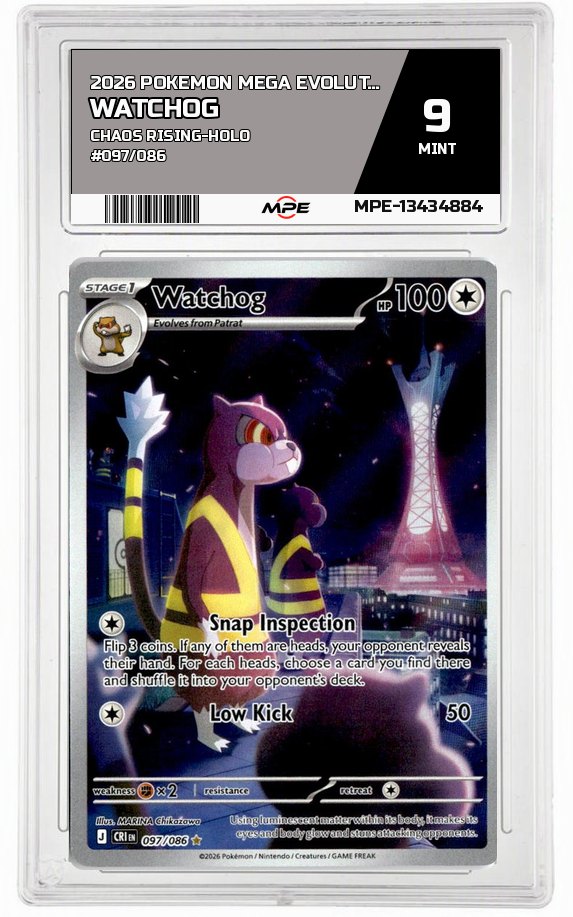 2026 POKEMON MEGA EVOLUTION CHAOS RISING-HOLO #097/086 Watchog MPE 9 MINT — graded card auctioned from the MPE vault