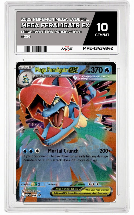 2025 POKEMON MEGA EVOLUTION MEGA EVOLUTION PROMOS-HOLO #036 MEGA FERALIGATR EX MPE 10 GEM/MT — graded card auctioned from the MPE vault