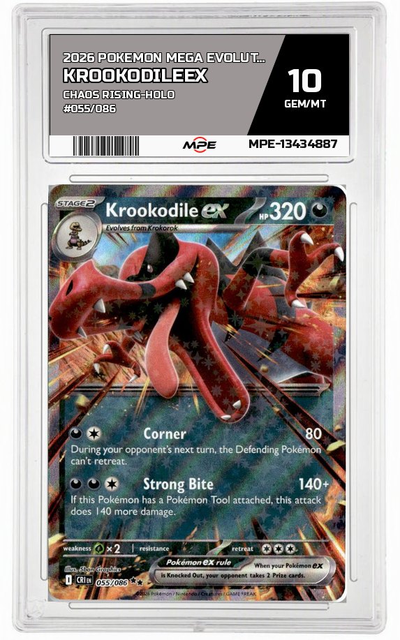 2026 POKEMON MEGA EVOLUTION CHAOS RISING-HOLO #055/086 KrookodileEX MPE 10 GEM/MT — graded card auctioned from the MPE vault