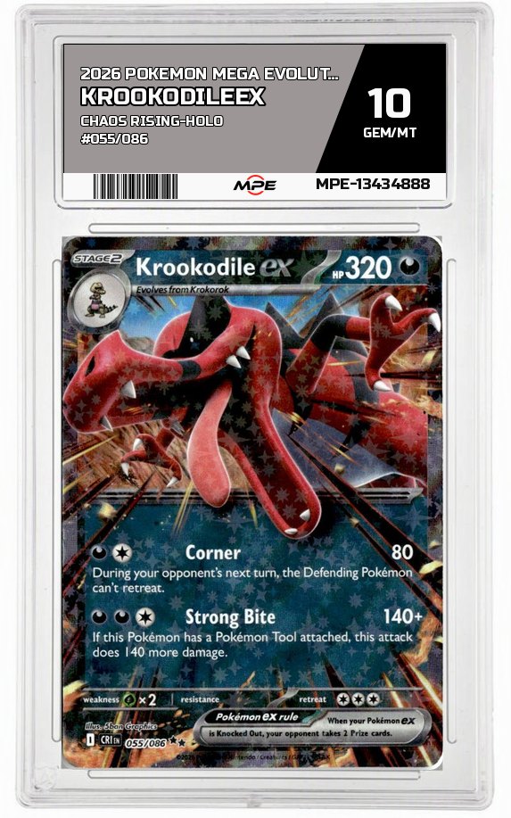 2026 POKEMON MEGA EVOLUTION CHAOS RISING-HOLO #055/086 KrookodileEX MPE 10 GEM/MT — graded card auctioned from the MPE vault