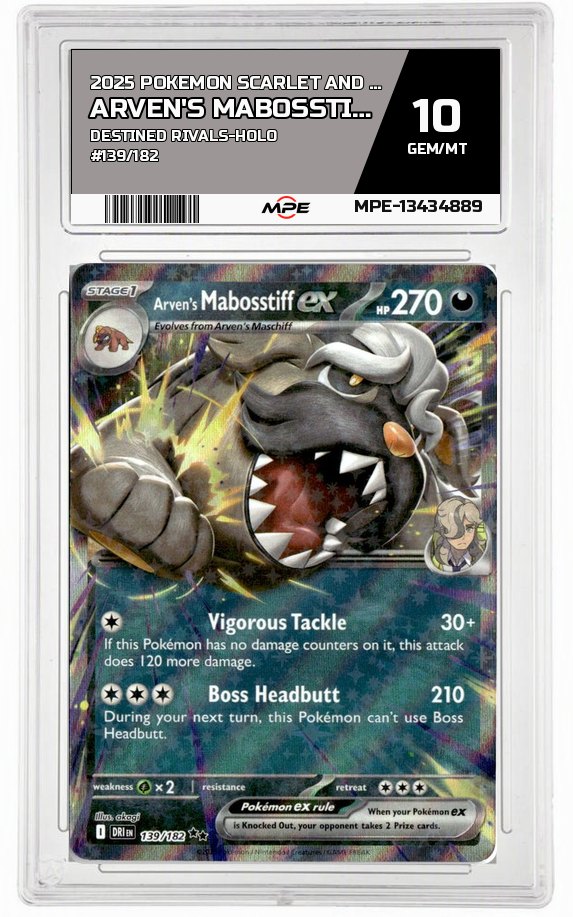 2025 POKEMON SCARLET AND VIOLET DESTINED RIVALS-HOLO #139/182 Arven's MabosstiffEX MPE 10 GEM/MT — graded card auctioned from the MPE vault