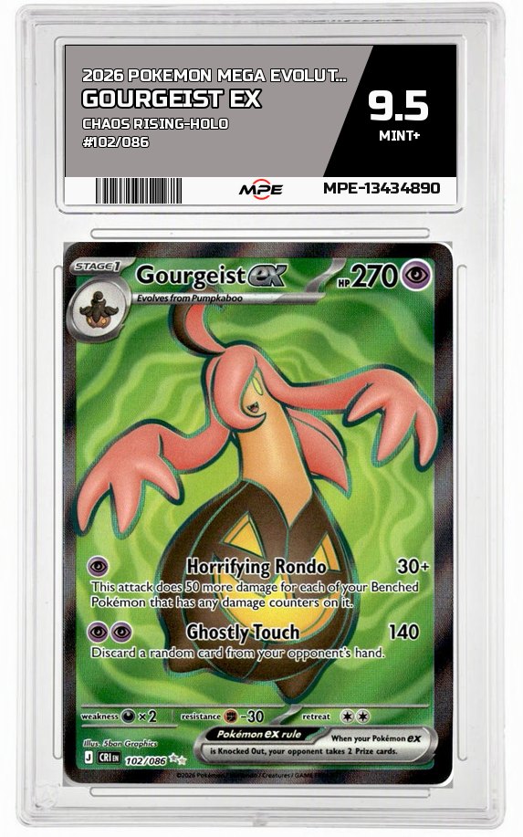2026 POKEMON MEGA EVOLUTION CHAOS RISING-HOLO #102/086 GOURGEIST EX MPE 9.5 MINT+ — graded card auctioned from the MPE vault