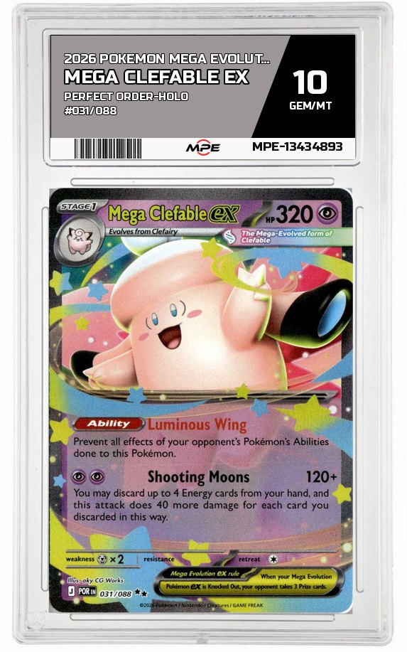 2026 POKEMON MEGA EVOLUTION PERFECT ORDER-HOLO #031/088 MEGA CLEFABLE EX MPE 10 GEM/MT — graded card auctioned from the MPE vault