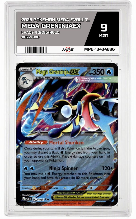 2026 POKEMON MEGA EVOLUTION CHAOS RISING-HOLO #022/086 Mega GreninjaEX MPE 9 MINT — graded card auctioned from the MPE vault