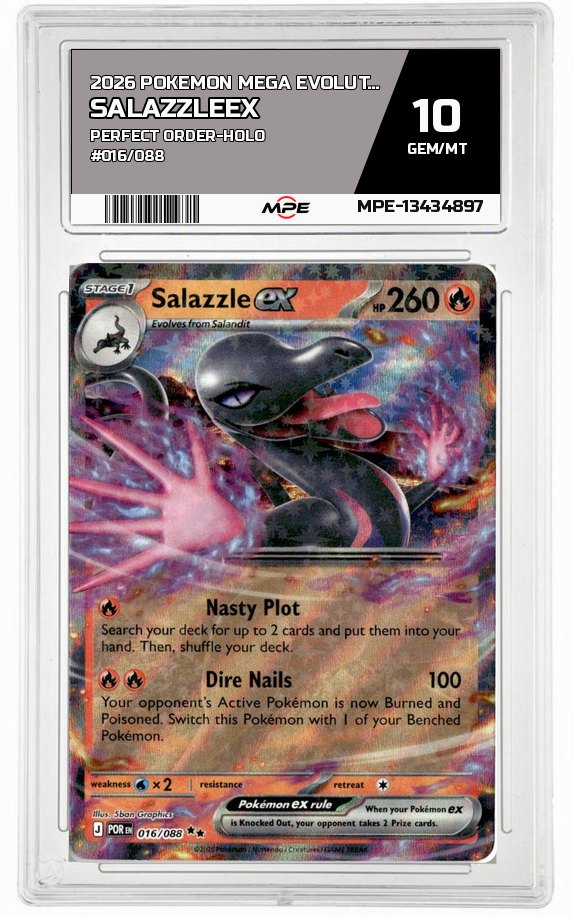 2026 POKEMON MEGA EVOLUTION PERFECT ORDER-HOLO #016/088 SalazzleEX MPE 10 GEM/MT — graded card auctioned from the MPE vault