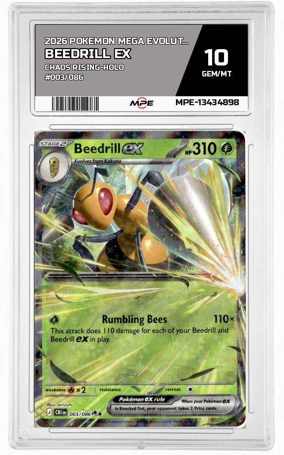 2026 POKEMON MEGA EVOLUTION CHAOS RISING-HOLO #003/086 BEEDRILL EX MPE 10 GEM/MT — graded card auctioned from the MPE vault