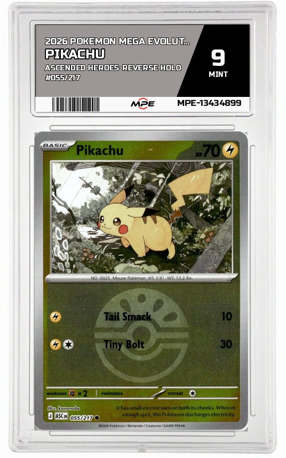2026 POKEMON MEGA EVOLUTION ASCENDED HEROES-REVERSE HOLO #055/217 PIKACHU MPE 9 MINT — graded card auctioned from the MPE vault