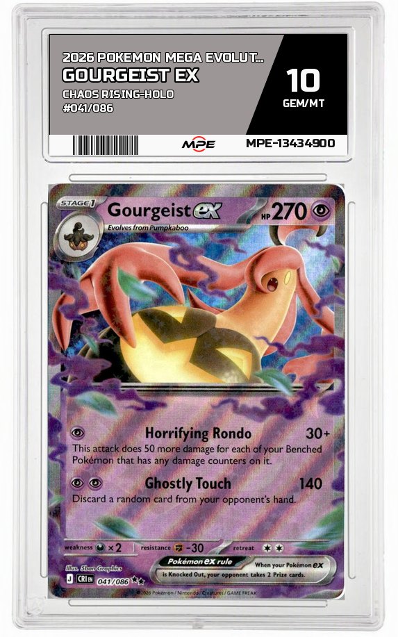 2026 POKEMON MEGA EVOLUTION CHAOS RISING-HOLO #041/086 GOURGEIST EX MPE 10 GEM/MT — graded card auctioned from the MPE vault