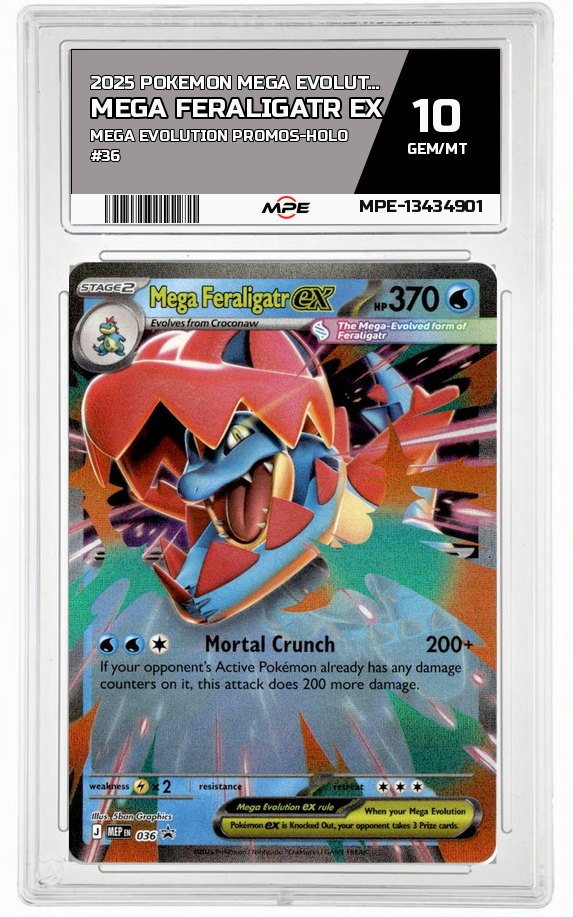 2025 POKEMON MEGA EVOLUTION MEGA EVOLUTION PROMOS-HOLO #36 MEGA FERALIGATR EX MPE 10 GEM/MT — graded card auctioned from the MPE vault