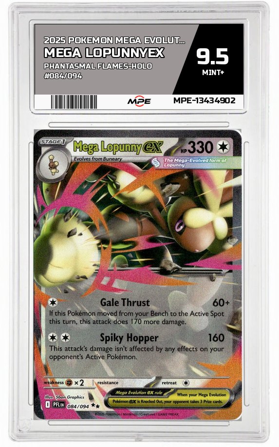2025 POKEMON MEGA EVOLUTION PHANTASMAL FLAMES-HOLO #084/094 Mega LopunnyEX MPE 9.5 MINT+ — graded card auctioned from the MPE vault