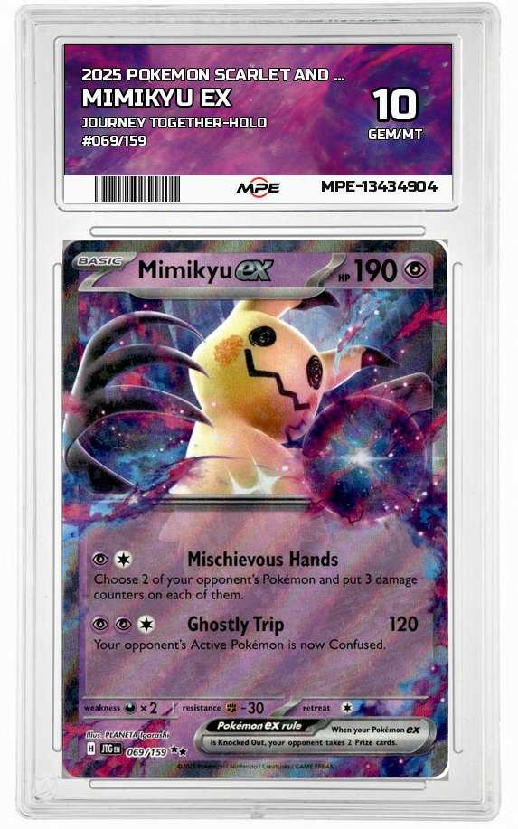 2025 POKEMON SCARLET AND VIOLET JOURNEY TOGETHER-HOLO #069/159 MIMIKYU EX MPE 10 GEM/MT — graded card auctioned from the MPE vault