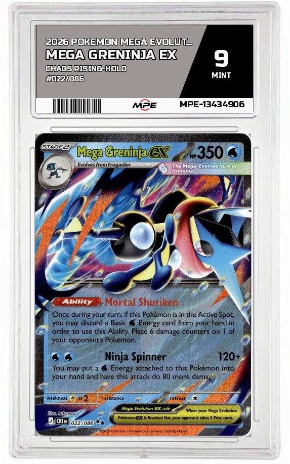 2026 POKEMON MEGA EVOLUTION CHAOS RISING-HOLO #022/086 MEGA GRENINJA EX MPE 9 MINT — graded card auctioned from the MPE vault