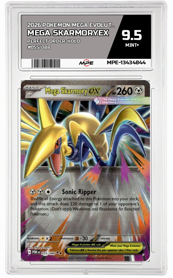2026 POKEMON MEGA EVOLUTION PERFECT ORDER-HOLO #055/088 Mega SkarmoryEX MPE 9.5 MINT+ — graded card auctioned from the MPE vault