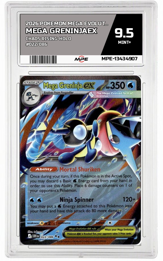 2026 POKEMON MEGA EVOLUTION CHAOS RISING-HOLO #022/086 Mega GreninjaEX MPE 9.5 MINT+ — graded card auctioned from the MPE vault
