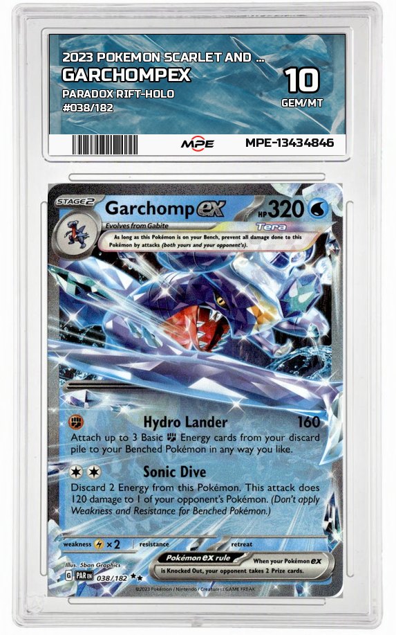 2023 POKEMON SCARLET AND VIOLET PARADOX RIFT-HOLO #038/182 GarchompEX MPE 10 GEM/MT — graded card auctioned from the MPE vault